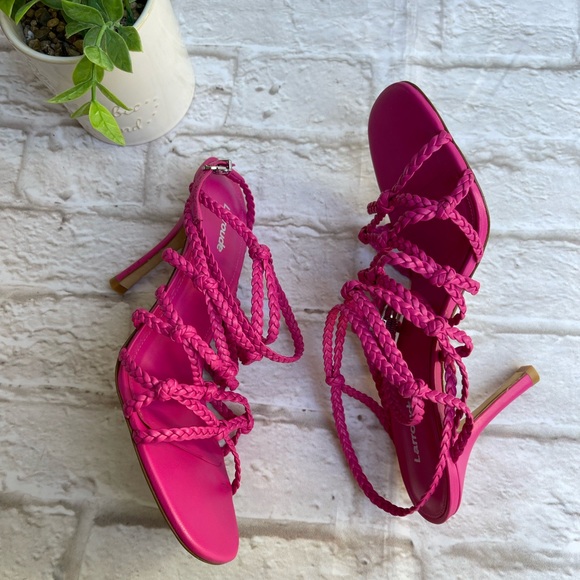 LARROUDÉ X WOMANIZER + Chiara Sandal in Fuchsia Leather braided Heeled Size 8 - Picture 10 of 11